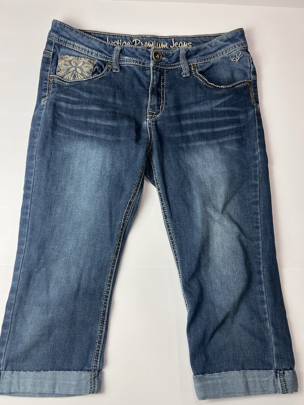 Justice Premium Jeans Girls Size 12 1/2 Capris Crop Denim Cuffed- Hand Sewn Cuff